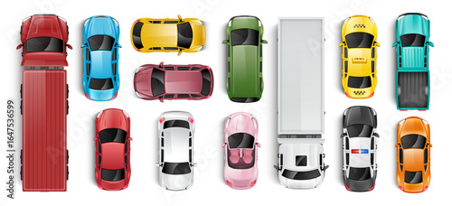 Top view of various colorful vehicles. Collection of different cars, trucks, taxis, and SUVs. Vector.