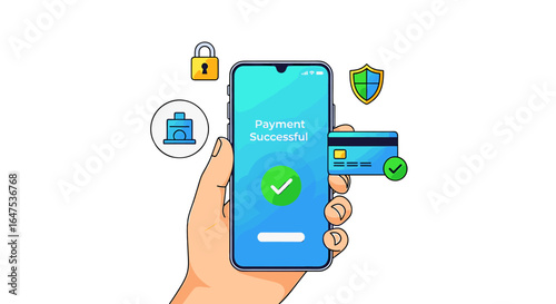 Hand holding a smartphone showing successful payment with credit card, lock and shield icons around.