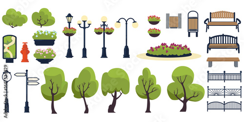 Light street. Wooden benches. Garden lighting. Cartoon alley fence. Urban lamp. Hedge and tree. Cityscape pointer. Town seat with dustbin. Collection for landscape avenue. Vector park elements set