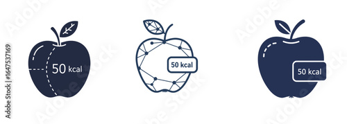 Three apple icons with calorie content on transparent background