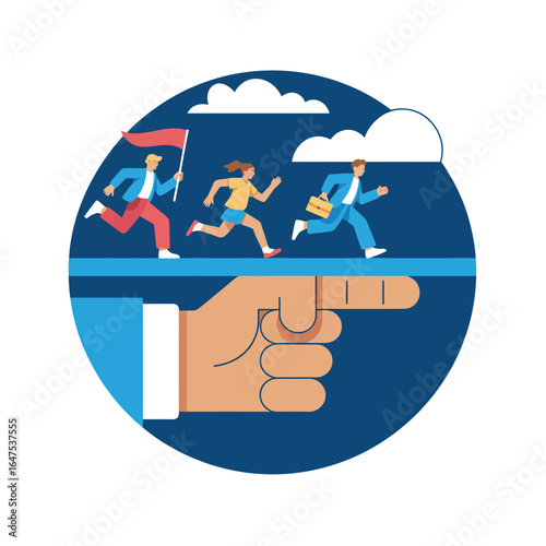 Conceptual illustration of leadership and guidance with three people running on a pointing hand under a blue sky, symbolizing direction and ambition