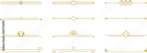 Elegant Art Deco borders with geometric ornaments. Set of vector decorative dividers in retro 1920s. Design elements for vintage invitations, classic menus and luxury labels