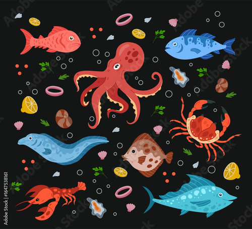 Cartoon seafood. Fish, lobster. Octopus on plate. Ocean animal in water. Delicious sea food. Kitchen restaurant menu isolated underwater animals. Gourmet delicacy vector cooking marine tidy creature