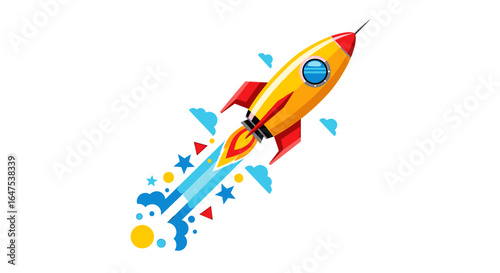 A vibrant cartoon rocket ship blasting off, leaving a trail of colorful smoke and stars.