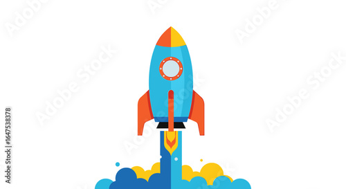 A vibrant cartoon rocket launching upward, propelled by fiery exhaust, against a white background.