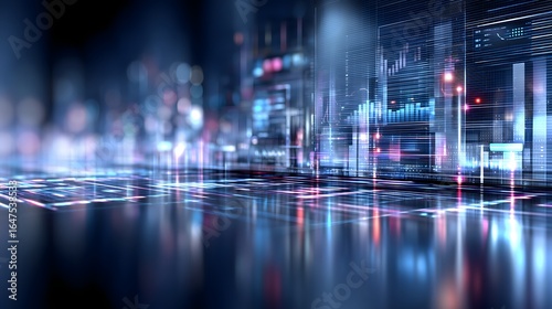 Futuristic digital cityscape with cool blue neon glow, abstract holographic data, high-tech design for business and financial dashboards