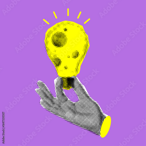 Human hand holding glowing light bulb with halftone dotted text,trendy collage element