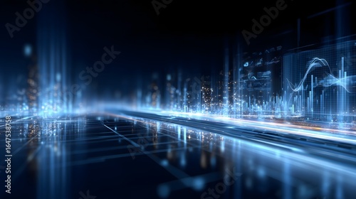 Futuristic digital cityscape with cool blue neon glow, abstract holographic data overlays, high-tech design for business dashboards and presentations