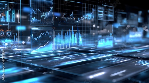 Futuristic digital cityscape with cool blue neon glow, abstract holographic data overlays, high-tech design for business dashboards and presentations