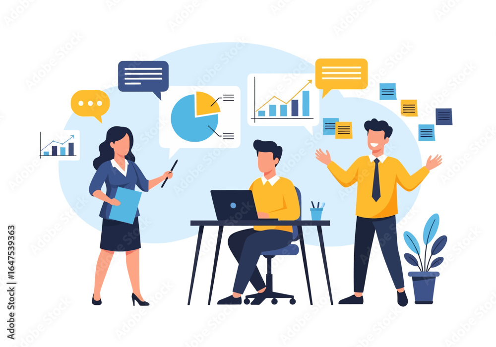 Fototapeta premium Flat illustration of business team analyzing charts and graphs, discussing data insights, and presenting reports in a modern office environment for strategy, growth, and performance improvement