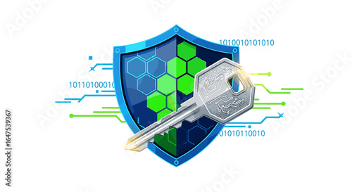 Digital security concept showing a shield with hexagons and a key, surrounded by binary code and circuit lines.