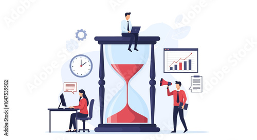 Flat illustration of time management and teamwork concept with people working around an hourglass, using laptops, communication, and productivity tools to meet deadlines in a business environment