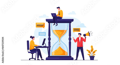 Flat illustration of time management and teamwork concept with people working around an hourglass, using laptops, communication, and productivity tools to meet deadlines in a business environment