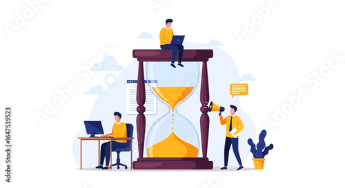 Flat illustration of time management and teamwork concept with people working around an hourglass, using laptops, communication, and productivity tools to meet deadlines in a business environment