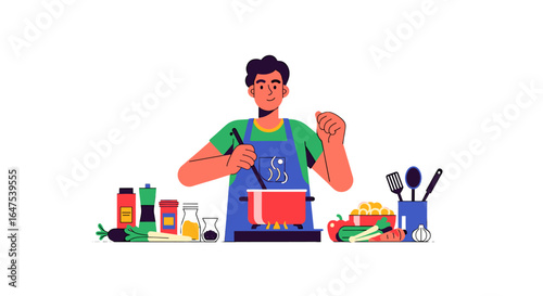 A man in an apron is cooking a meal, with various ingredients and utensils displayed around him.