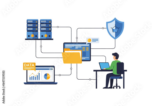 Flat illustration of data management system with secure cloud storage, database servers, file organization, analytics, and cybersecurity protection for modern business and digital network solutions