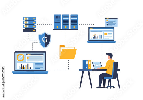 Flat illustration of data management system with secure cloud storage, database servers, file organization, analytics, and cybersecurity protection for modern business and digital network solutions