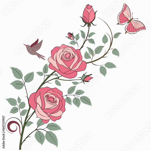 A delicate pink rose garland with small birds and butterflies, set against a white background