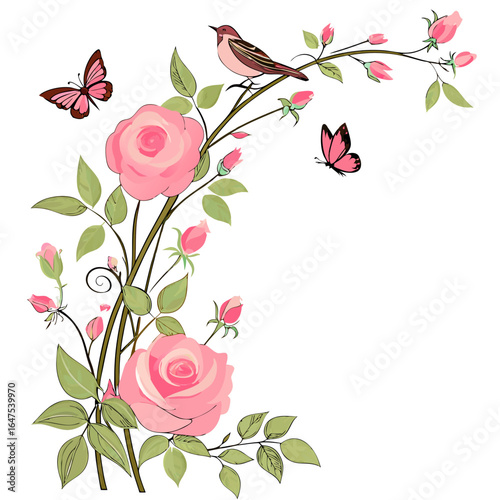 A delicate pink rose garland with small birds and butterflies, set against a white background