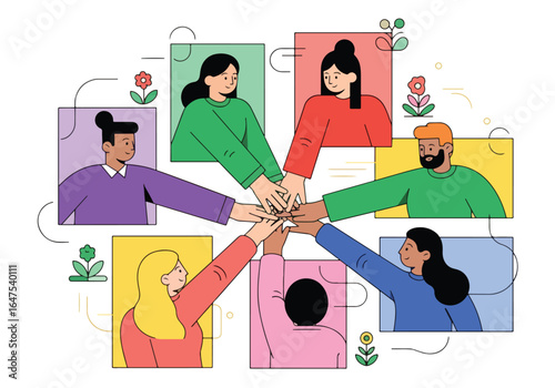 Illustration of diverse team members joining hands in unity, symbolizing teamwork, collaboration, trust, diversity, partnership, and shared goals in a creative business environment