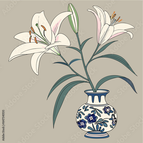 Chinese painting, watercolor, ink, lily, exquisite blue and white porcelain vase, white, light pink