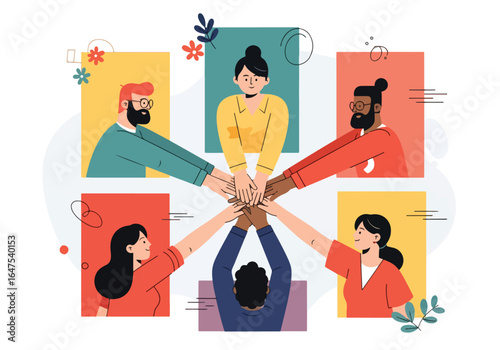 Illustration of diverse team members joining hands in unity, symbolizing teamwork, collaboration, trust, diversity, partnership, and shared goals in a creative business environment