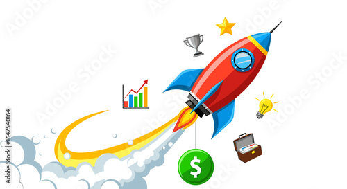 A cartoon rocket blasts off, symbolizing business success and financial gain.