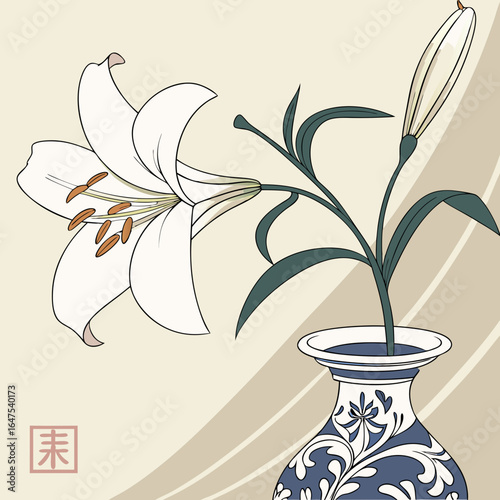 Chinese painting, watercolor, ink, lily, exquisite blue and white porcelain vase, white, light pink