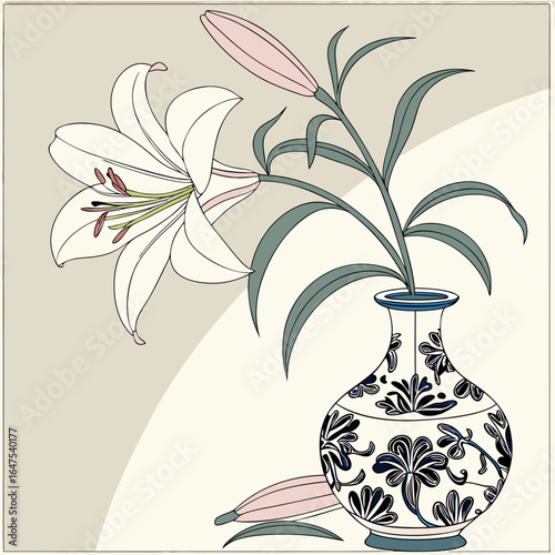 Chinese painting, watercolor, ink, lily, exquisite blue and white porcelain vase, white, light pink