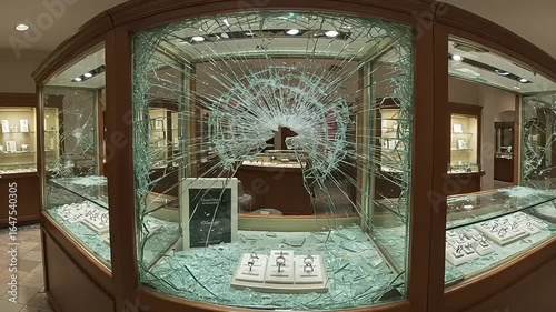 Shattered jewelry display in a store with chaos inside