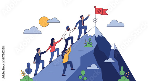 Illustration of diverse business team climbing mountain together to reach goal, symbolizing teamwork, leadership, success, determination, partnership, and achieving milestones in business