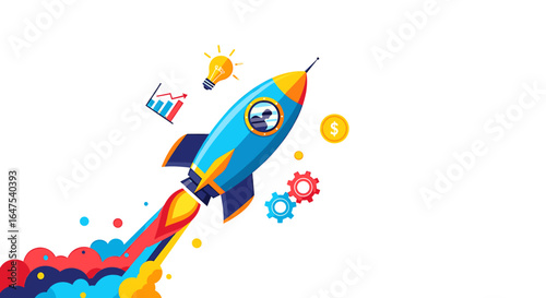 A vibrant illustration of a rocket ship launching with business and financial symbols.