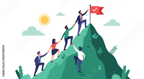 Illustration of diverse business team climbing mountain together to reach goal, symbolizing teamwork, leadership, success, determination, partnership, and achieving milestones in business