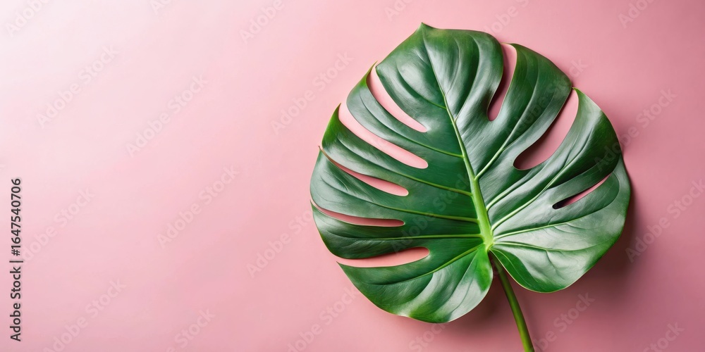 Obraz premium Vibrant Green Tropical Leaf on a Soft Pink Background, a Simple and Elegant Nature-Inspired Design for Various Applications