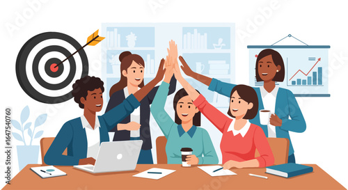 Illustration of diverse businesswomen celebrating success with high-fives in modern office, teamwork, leadership, goal achievement, productivity, and professional collaboration concept