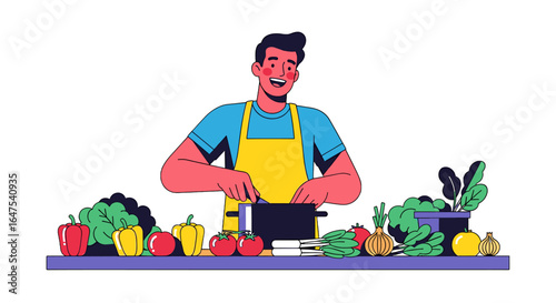 Man in yellow apron cooking vegetables in a pot, surrounded by fresh produce on a table.