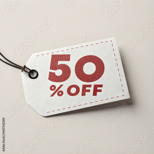 50% Off Sale Tag on White Background, Discount Sticker, Price Label, Shopping Promotion, Retail Banner