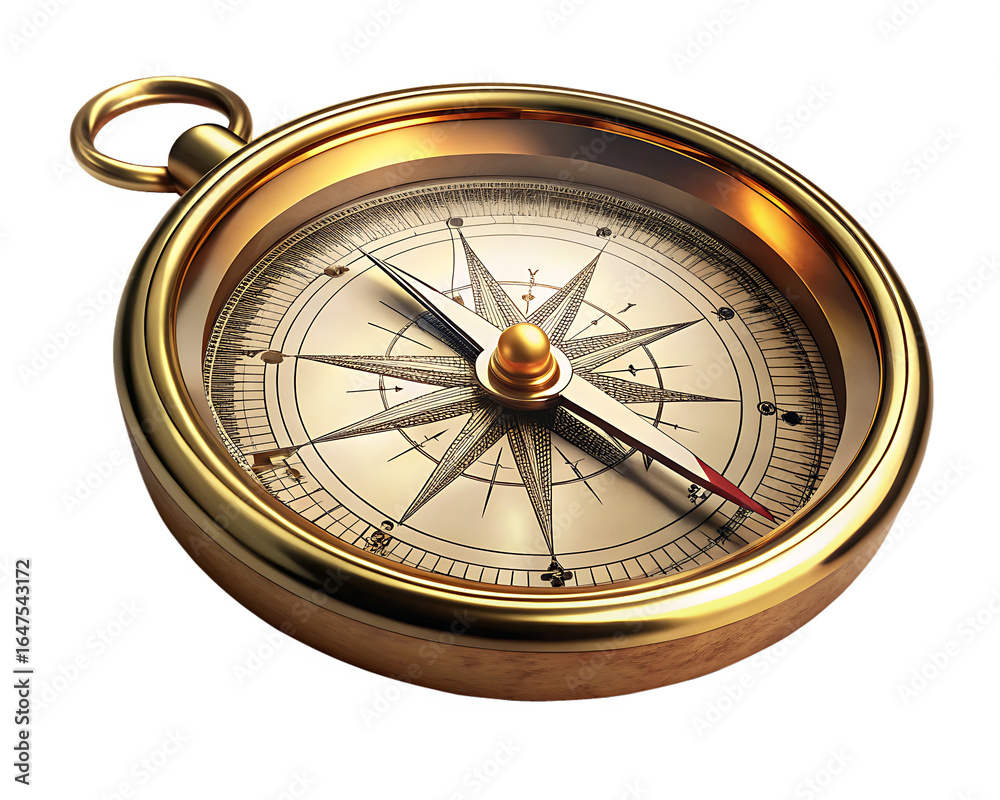 Antique brass compass with detailed nautical rose and red tipped needle isolated on a transparent background Antique brass compass with detailed nautical rose and red tipped needle isolated on a transparent background