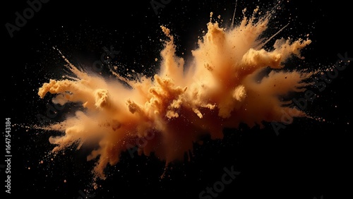 A dynamic abstract explosion of brown powder particles against a dark void, creating a striking artistic effect.