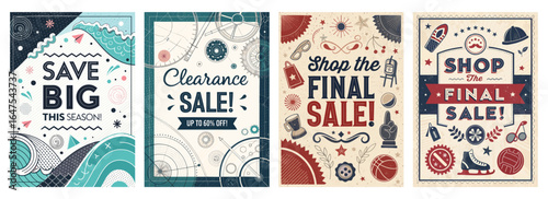 Four vibrant sale posters featuring playful typography and colorful graphics, perfect for promotions.