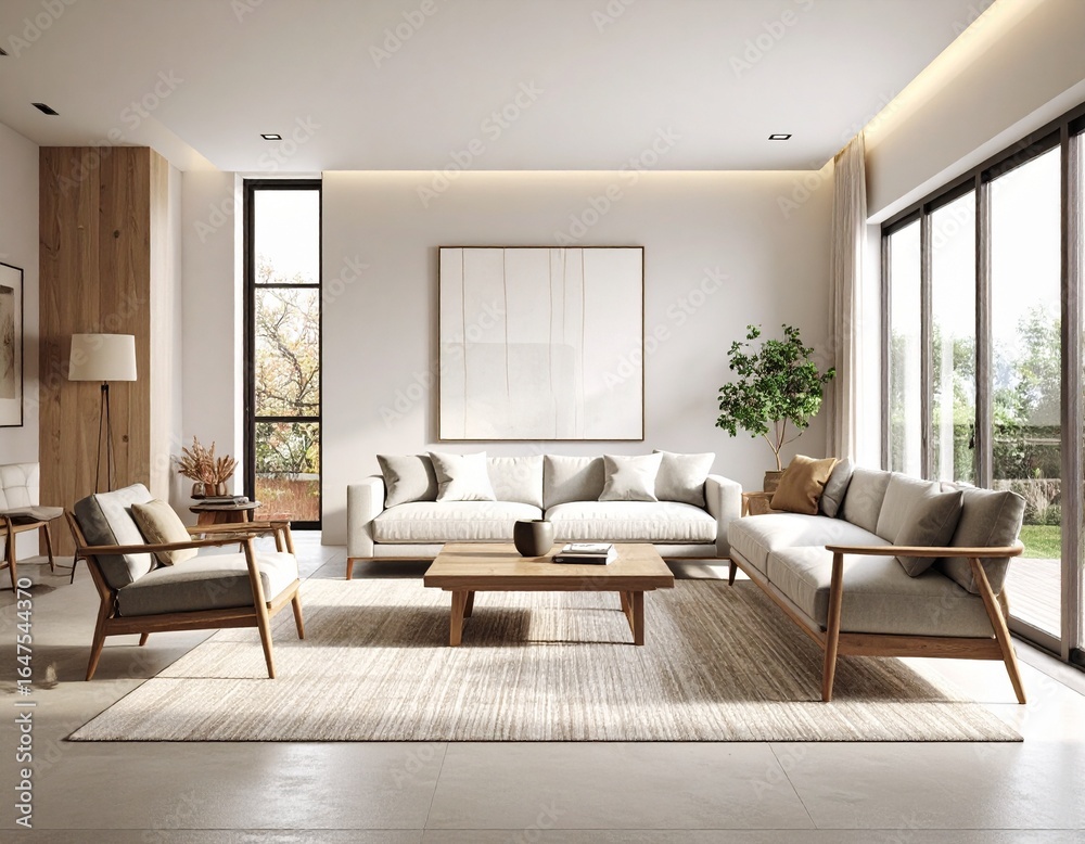 Fototapeta premium Minimalist Scandinavian Style Urban Interior with Large Windows