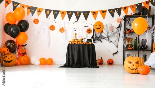 Halloween party room decorated with pumpkins, balloons, and banners