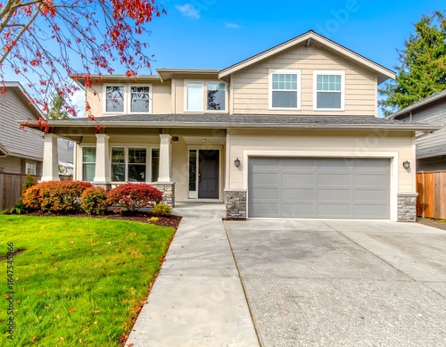 A classic two-story suburban home with tan siding and a grey roof, featuring a two-car garage and a walkway leading to the front door.