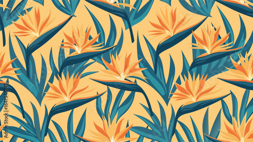 Seamless pattern featuring bird of paradise flowers and leaves against a light yellow background