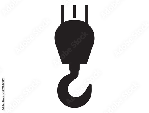 Crane hook vector icon. Industrial lifting equipment symbol for construction, heavy machinery, and cargo handling. Vector black silhouette. with white background
