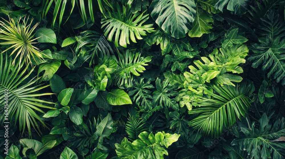 Fototapeta premium A vibrant tropical jungle with lush green leaves and a variety of exotic plants.