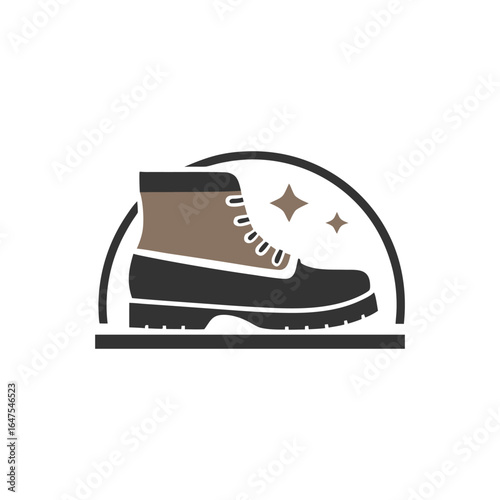 Brown and black work boot with laces and sparkling stars icon footwear shoe
