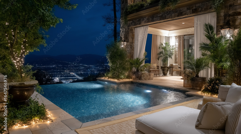 Fototapeta premium Enchanting Infinity Pool with Fairy Light Border and Stone Retreat
