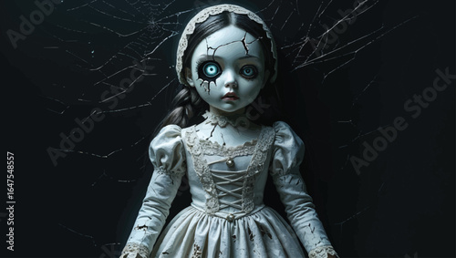 Creepy Porcelain Doll: Haunted Vintage Doll with Cracked Face and Glowing Eyes