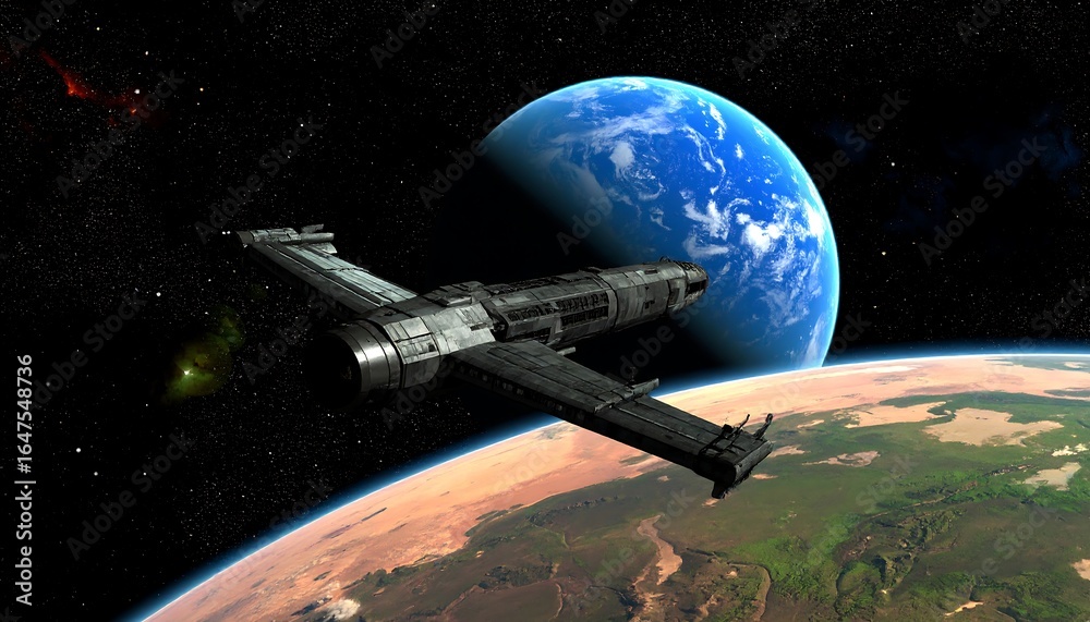 Obraz premium Futuristic Spaceship Flying Above Earth with a Blue Planet in the Background